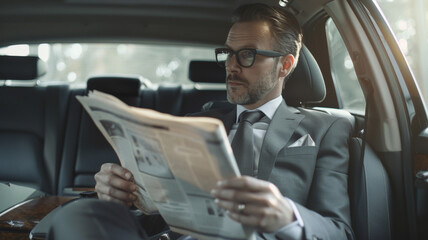 Suave businessman reading a newspaper inside a luxury car.