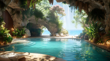 A luxurious cave pool setting with natural light streaming in, surrounded by lush greenery and a serene environment