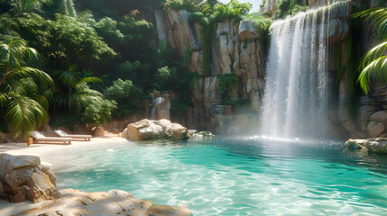 Peaceful waterfall cascading into a crystal-clear pool nestled in vibrant green foliage and rocky landscape