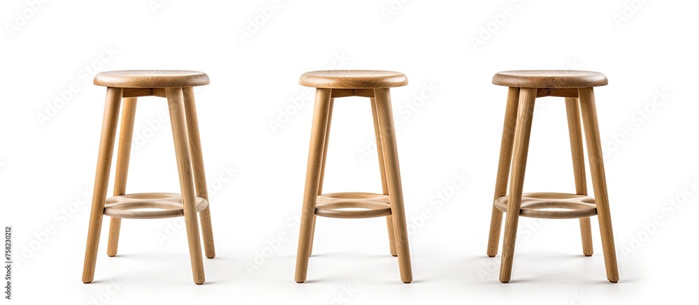 Poster three bar stools made of wood are arranged in a line on a white background, creating a simple and st