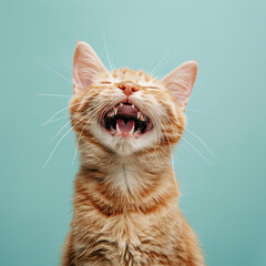 Happy and Cute Cat Laughing on pastel blue background