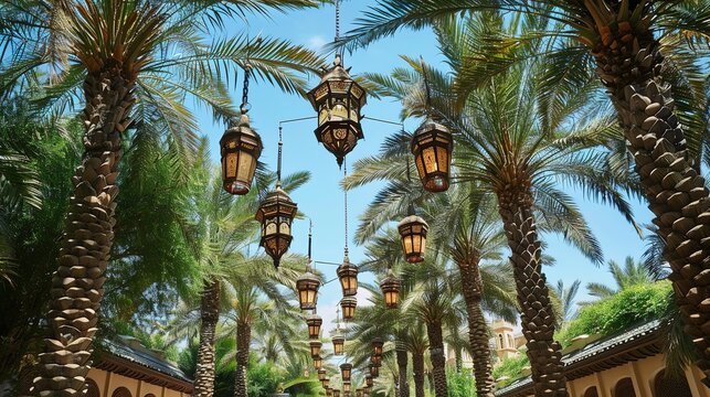 Elegant date palm trees with hanging lanterns to honor Ramadan ai generated image