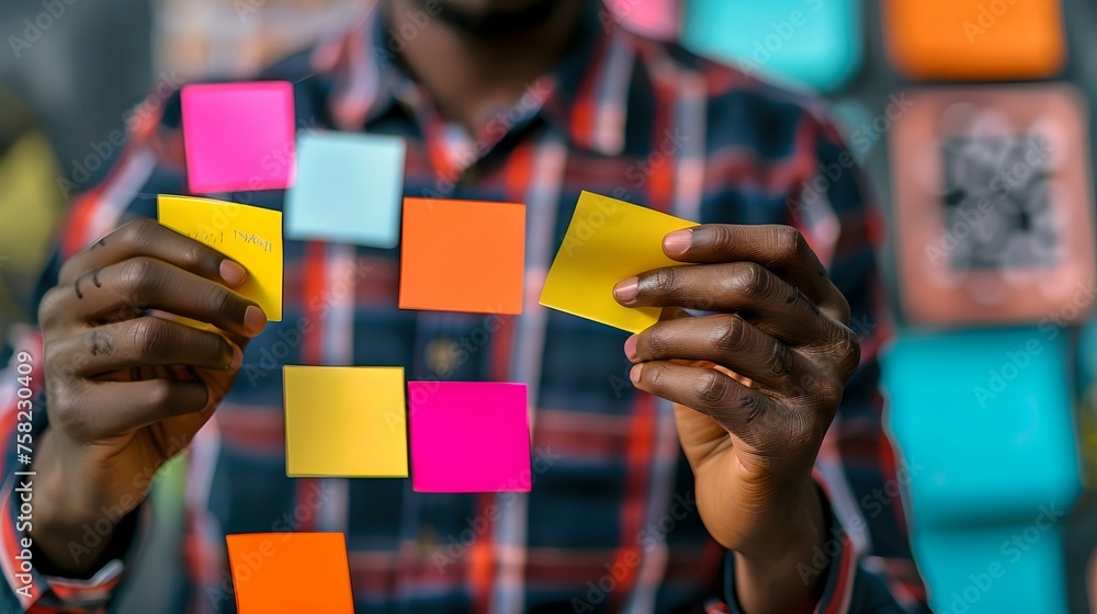 Poster creative planning and brainstorming with colorful sticky notes. organizing tasks in a vibrant settin