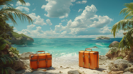 An idyllic beach scene with crystal-clear waters, fluffy clouds, and vibrant orange suitcases suggesting travel and adventure