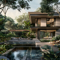 Modern Villa with Glass Front in Lush Exotic Environment generative ai 