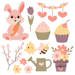 Set of spring decorative elements. Spring clipart. Pink bunny, bee, wreath, flowers, etc. in flat style.