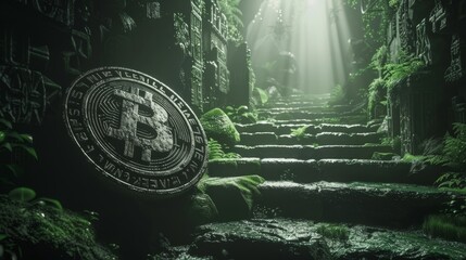 Fototapeta premium An ancient temple hidden in a digital jungle, holding the original code of Bitcoin, protected by cryptographic puzzles only the worthy can solve.