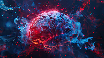 Human brain shows lighting colors and action on black background - obrazy, fototapety, plakaty