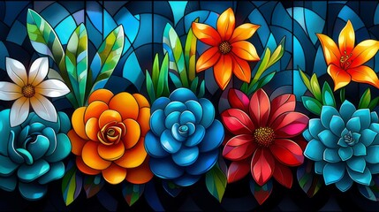  a close up of a stained glass window with flowers in the middle of the frame and leaves in the middle of the frame.