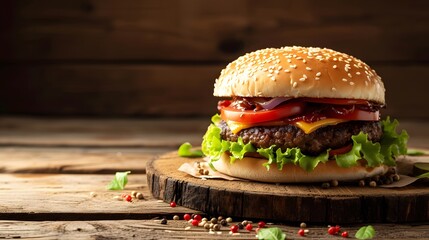 Juicy Hamburger on Wooden Board. Generative AI