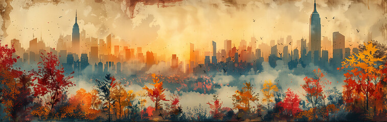 Illustration. panorama of big city. wide banner. Space for text. Mixed style painting. For poster, business card, invitation, flyer, banner, email, header, social media post. Generative Ai content