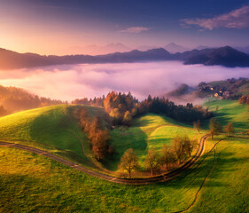Aerial view of alpine meadows and mountains in clouds at sunrise