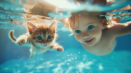 A baby and kitten swimming in the pool, underwater photography, cute expression, high definition photography, bright colors, natural light, blue water surface, clear details 