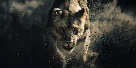 a charging lion on the hunt - obrazy, fototapety, plakaty
