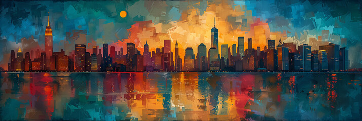 Illustration. panorama of big city. wide banner. Space for text. Mixed style painting. For poster, business card, invitation, flyer, banner, email, header, social media post. Generative Ai content