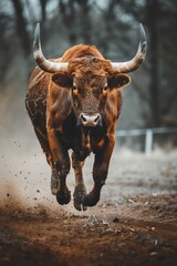bull running down a road