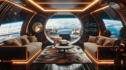  luxurious virtual lounge for elite investors, floating above the Earth, where deals are made over holographic displays of the galaxy's markets. - obrazy, fototapety, plakaty