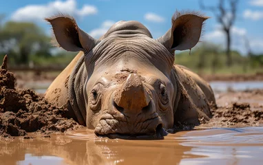 Zelfklevend Fotobehang A rhino is resting in the mud while partially submerged in water © Ihor