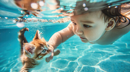 A baby and kitten swimming in the pool, underwater photography, cute expression, high definition photography, bright colors, natural light, blue water surface, clear details 