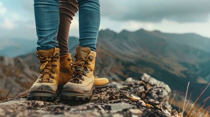 Adventurous spirit captured, hiking boots on mountain summit. embrace the journey, outdoor exploration with rugged footwear. AI