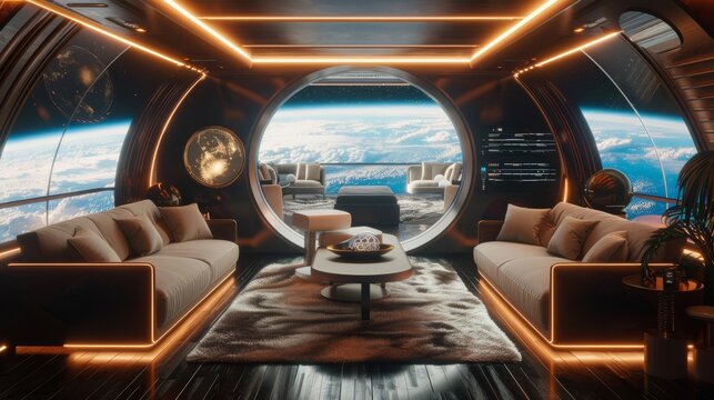  luxurious virtual lounge for elite investors, floating above the Earth, where deals are made over holographic displays of the galaxy's markets.