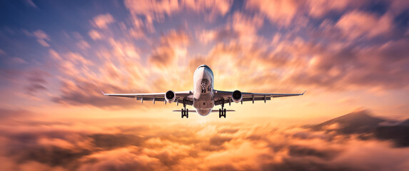 Airplane is flying above the clouds at sunset in summer. Landscape with passenger airplane, mountains, orange sky. Aircraft is taking off. Business travel. Commercial plane. Aerial view. Transport - 758231896