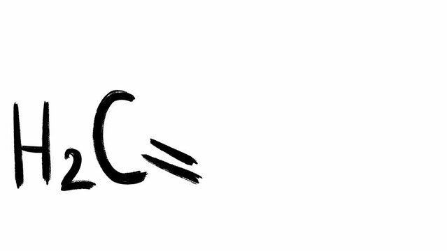 Structural and chemical formula of acrylamide written by black felt pen on white background filmed in stop motion animation. Molecular structure and chain of a substance from organic chemistry