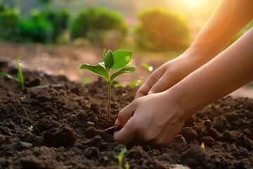 Seeds of Hope: Hands Planting a Young Tree in Fertile Soil, a Symbolic Gesture of Restoration and Growth on Earth Day, Under the Soft Light of a Setting Sun