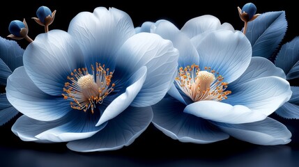  a close up of two blue flowers with leaves on a black background with a reflection of the flower on the left side of the image.