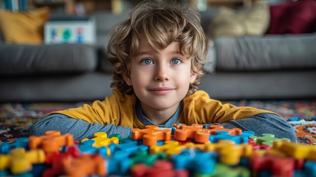 Portrait of cute little boy playing with colorful Autism puzzle pieces at home