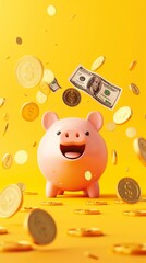 a refund icon concept showcasing a piggy bank with coins and bills flying back into its slot