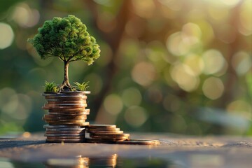 A stack of coins with a small tree sprouting from the top coin