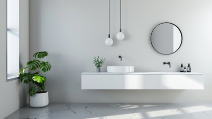Contemporary White Bathroom Vanity with Round Mirror AI Generated.