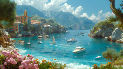 Coastal Italian townscape with picturesque houses, vibrant flowers, and luxurious yachts on a sunny day