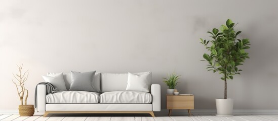 Fototapeta na wymiar Living room interior with white cabinet and plant next to grey sofa captured in a photograph.