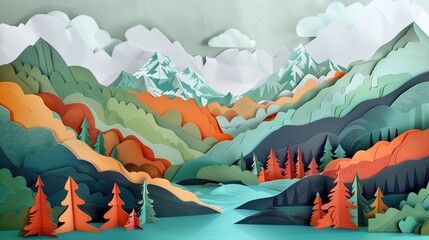 Mountain Adventure: Children's Cutout Animation Art of a Mountain Landscape with Trees and Clouds