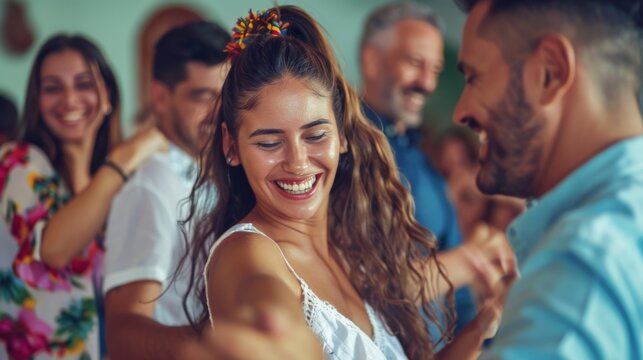 Group of friends enjoying a salsa dancing class in an energetic dance workshop, moving to the rhythm and having a fun together. Generative ai