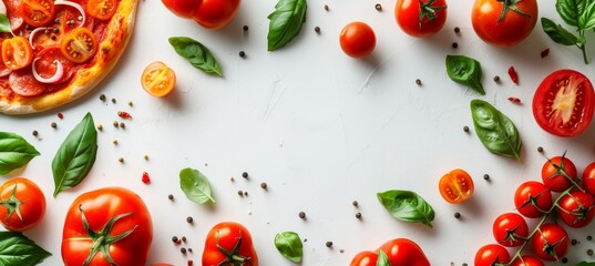 Top view of italian pizza on bright white background with copy space for text placement - obrazy, fototapety, plakaty