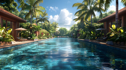 A luxurious tropical resort with an inviting long swimming pool flanked by lush greenery and high-end lounging spaces - obrazy, fototapety, plakaty