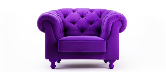 A violet armrest chair, a piece of furniture, is resting on a white surface. The purple rectangle...