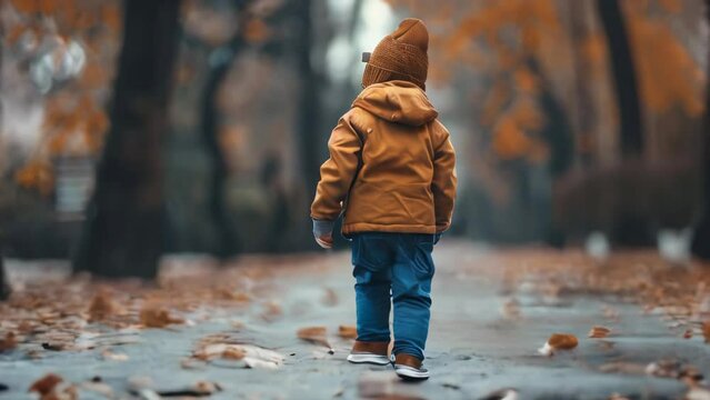 Little boy walking in the autumn park. Back view of a child in a yellow jacket and jeans.