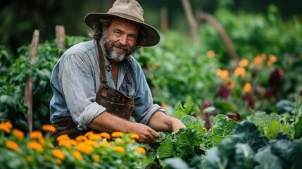 Naklejka na ściany i meble happy old farmer working in home garden, growing many kind of vegetables, Generative Ai