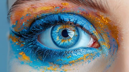 Close up of beautiful female eye with blue and orange color make up