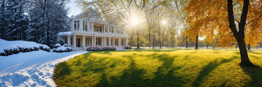 A beautiful private residential building against a backdrop of nature. Four seasons in one image. Winter spring Summer Autumn. Snow on green grass. Falling leaves. Bright sun on a blue sky. House.