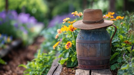 Obraz premium spring flower blossoming garden background, calm peaceful garden scenery with farmer hat on wooden barrel, Generative Ai