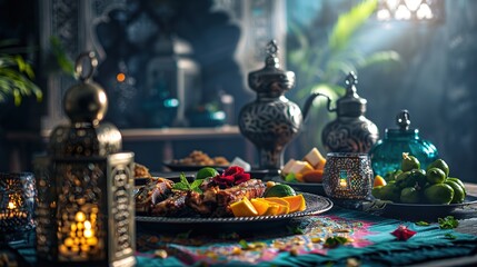 Fototapeta premium Dining table with ramadan vibes decoration Holy month of Ramadan concept professional advertising food photography generative ai images