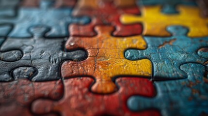 Close up of a multicolored jigsaw puzzle. Selective focus