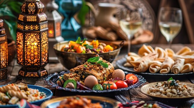 Dining table with ramadan vibes decoration Holy month of Ramadan concept professional advertising food photography generative ai images