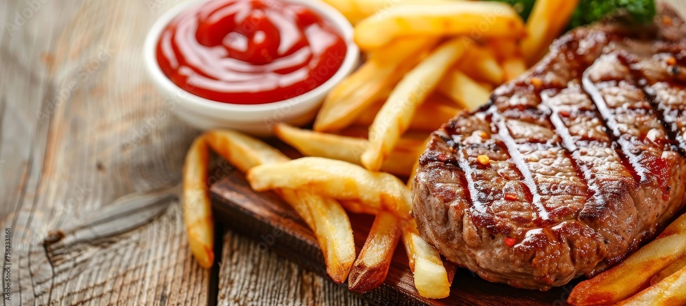 Aufkleber top view of classic steak and fries on wooden table with ample space for text placement above view