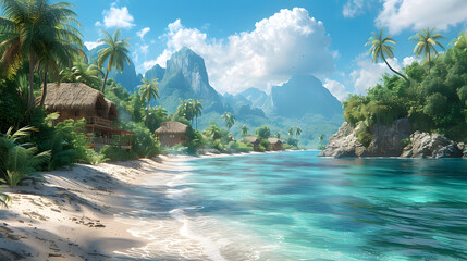 A tropical riverside with quaint huts offers a breath-taking panoramic view of distant mountains and lush palms
